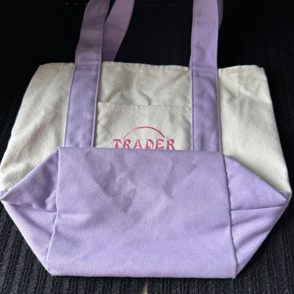 Trader Joes Mini Canvas Tote Bag Purple Lilac Limited Edition Grocery Handbag - Picture 3 of 10
